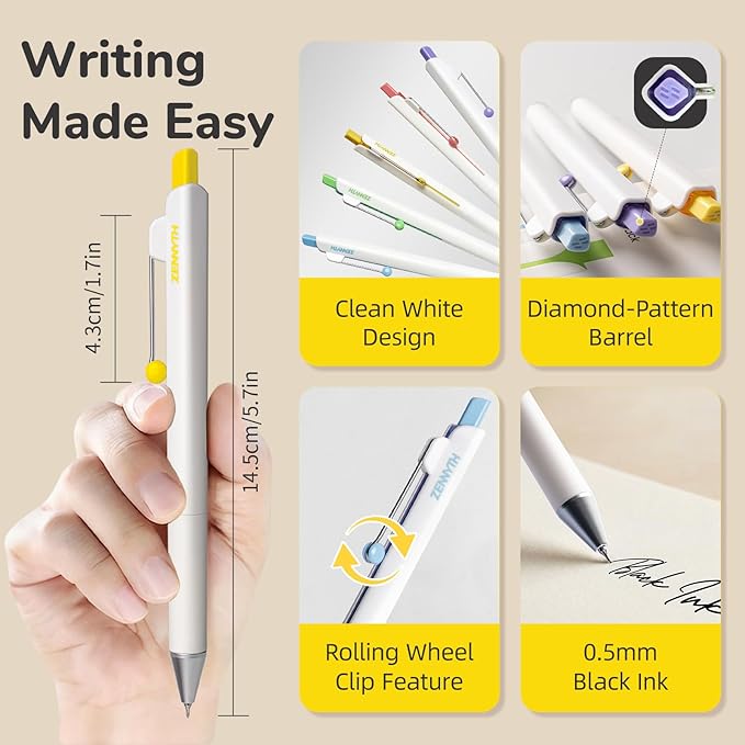 Gel Pens, 5 Pcs 0.5mm Black Ink Fine Point Pens Quick-Drying Retractable Pens with Diamond-Shaped Barrel, Smooth Writing Pens for Journaling & Note Taking (5 Pcs Z3 White)
