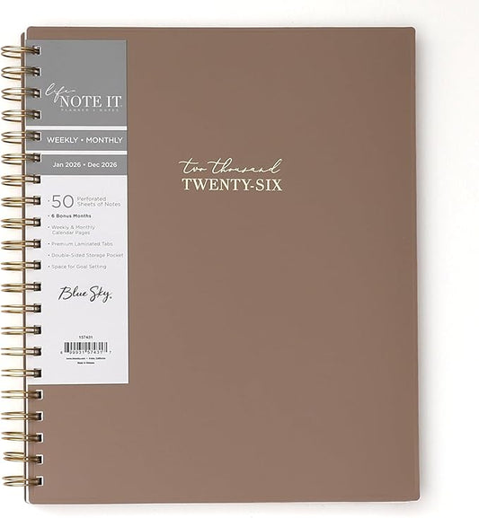 Blue Sky Life - Note it® Planning Calendar + Notes, Weekly/Monthly Layout, Safety Wirebound (Solid Latte- 2026, 8.5" x 11")
