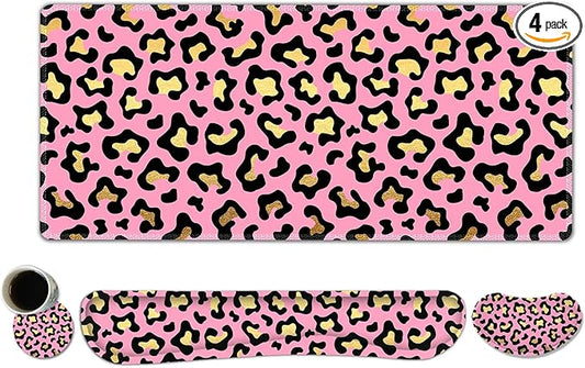 Large Gaming Mouse Pad Set, 4 in 1 Extended Keyboard Desk Mat with Wrist Rest, PC Computer Game Mousepad Set, Non-Slip Desk Pad Easy Typing Pain Relief for Home Office I Pink Leopard Print