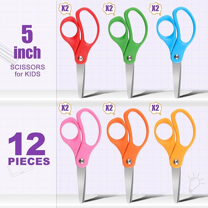 12 Packs 5" Small School Student Blunt Tip Craft Kids Scissors, Stainless Steel Blades Comfort Grip 5 Inch Safety Scissors Bulk for Children Toodler Cutting Paper