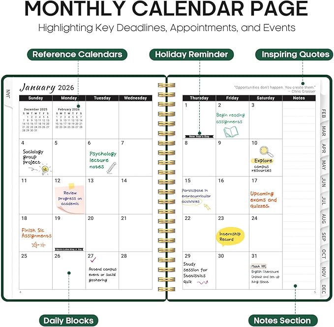 2026 Planner, Weekly and Monthly Calender Planner, Jan 2026 to Dec 2026, Hardcover 2026 Calendar Book with Tabs & Inner Pocket, Office Home School Supplies for Women & Men - A5 (6.3" x 8.5"), Dark Green