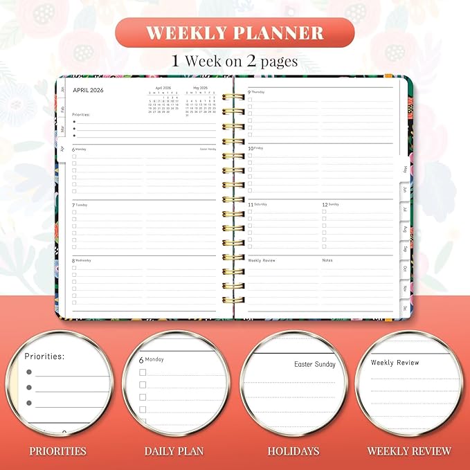 2026 Planner, A5 Weekly and Monthly Planners with Tabs, Spiral Bound Daily Calendar 2026 Planner, Agenda Organizers from Jan. to Dec., Hardcover Habit Tracker Journal 6.18" x 8.5"(Pink Bloss)