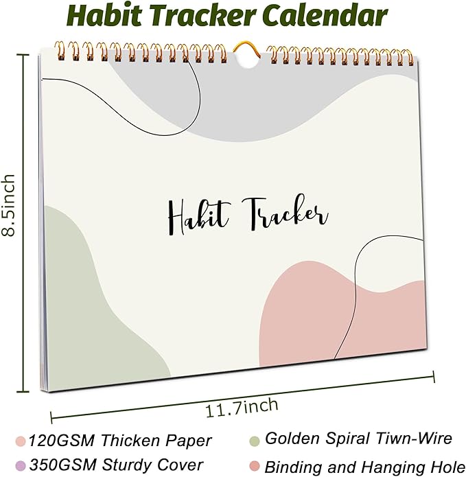 Habit Tracker Calendar, Daily Weekly Goal and Habit Tracker Journal, 12 Months Undated Habits Tracker Planner with Spiral Binding, Boost Productivity Tool and Workout Calendar, 11.7"x8.5"