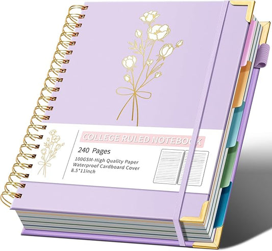 Hardcover Spiral Notebooks 8.5" X 11" Note Taking 5 Subject Notebook College Ruled with Dividers 240 Pages 100GSM Aesthetic Spiral Notebook for Work School Cute Journals for Women Writing