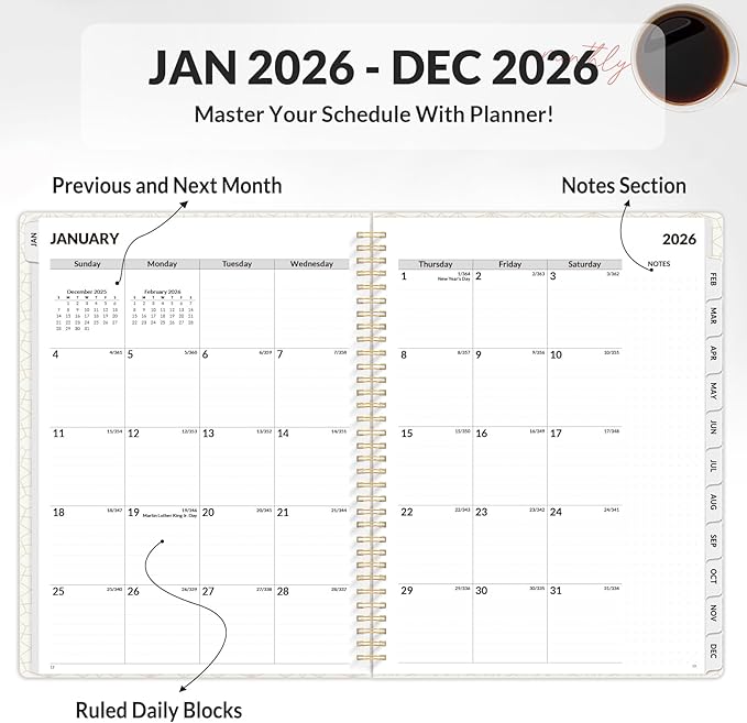 SUNEE 2026 Planner, Weekly and Monthly Calendar Planner, January 2026-December 2026, Daily Agenda with Tabs, Note Pages, Spiral Binding, 8.5"x11", Pink
