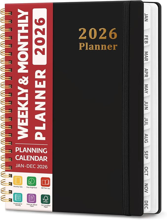 2026 Planner, Weekly and Monthly Calendar Planner, January 2026 - December 2026, Hardcover 2026 Calendar Book with Tabs For Women & Men, Inner Pocket, Spiral Bound, Perfect for Office Home School Supplies - A5 (6.3" x 8.5"), Black