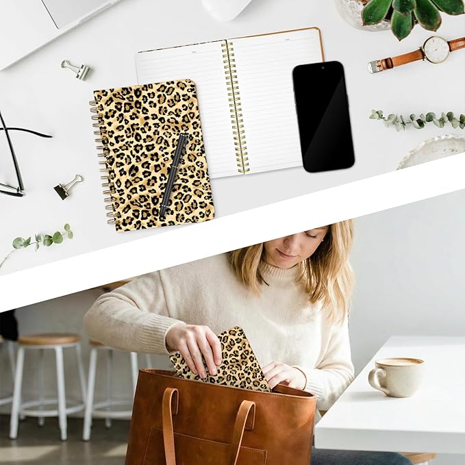 Stanoha Cute Spiral Notebook A5 Journal for Women Girls Kawaii Aesthetic Pretty Floral Design with Pocket, 8.5 x 5.7 inch, Graph, Leopard Print