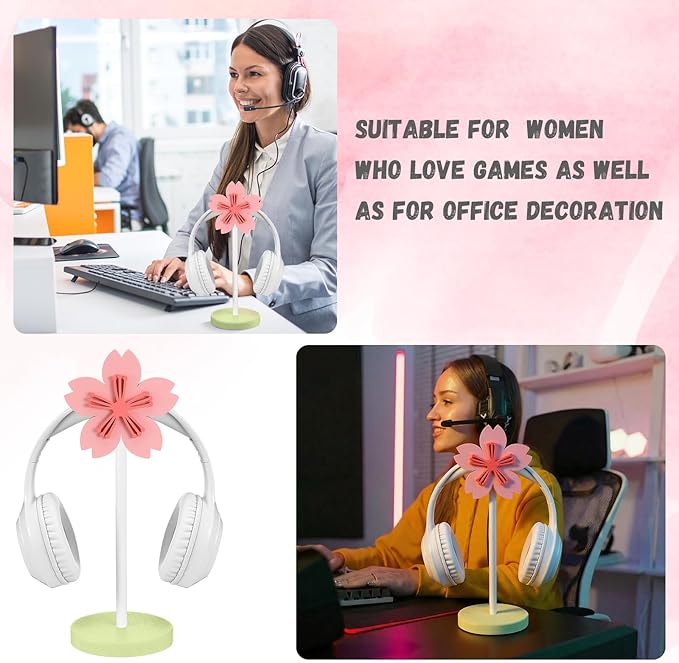 Yookeer Cute Headphone Stand Decorative Sakura Headphone Stand Cute Pink Flower Wood Desk Decor for Gamer Room Office Desk Gaming Gifts for Girlfriend Office Worker