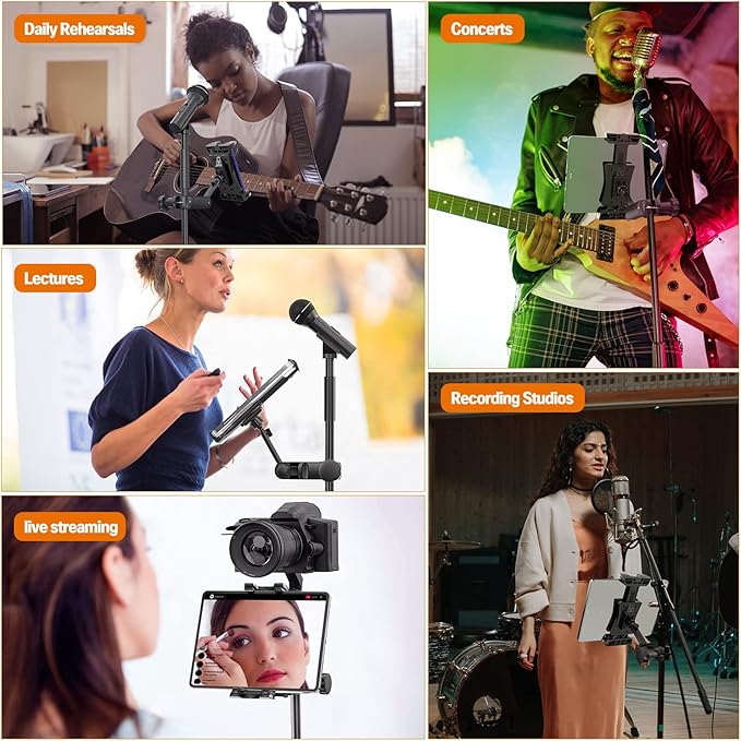 Tablet Holder for Microphone Stand, Mic Music Stand Tablet Holder for iPad, Smartphone Tablet Mic Stand Mount for Shee Music Fits Devices from Screen Size 4.7 to 12.9 Inches