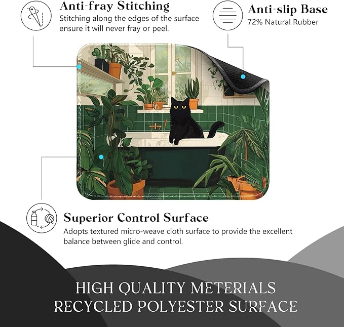 Cute Black Cat Desk Pad Mat with Stitched Edges and Non-Slip Rubber Base, Premium-Textured Mouse Pad for Laptop, Computer & PC, Gaming & Working, Waterproof Mousepad