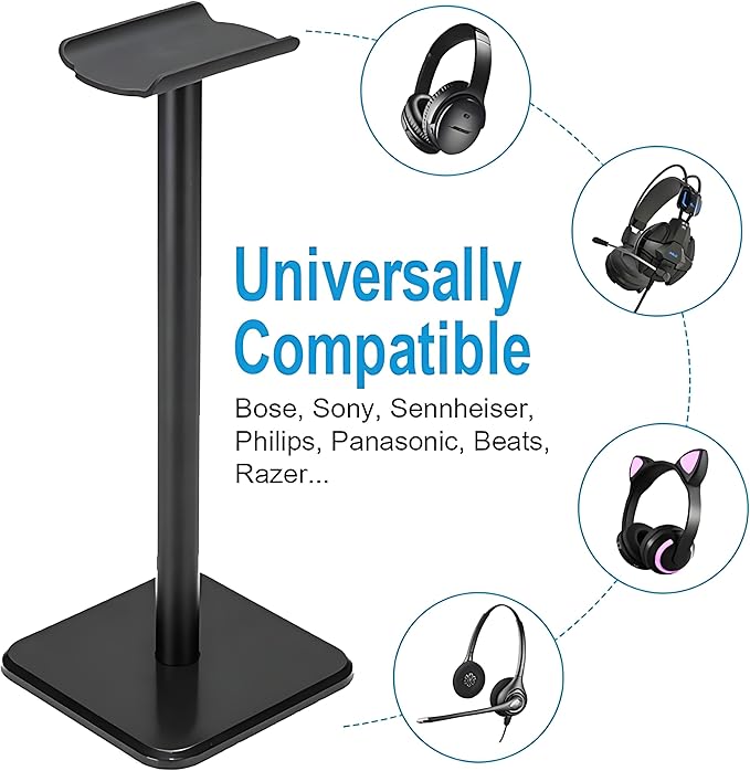 Headphone Stand, Universal Aluminum Metal Holder for AirPods Max, HyperX Cloud II, Xbox One, Turtle Beach, Sennheiser, Sony, Bose, Beats PC Gaming Headset Display & Bluetooth Headphones (Black)