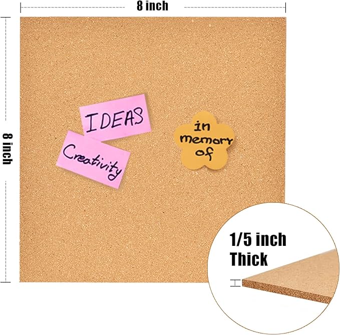 8x8 Cork Board Tiles Bulletin Board, 1/5" Thick Small Square Cork Boards for Walls, Self-Adhesive Cork Tiles for Home, Office, School, Bulletin Board Decorations(5mm,6pc)