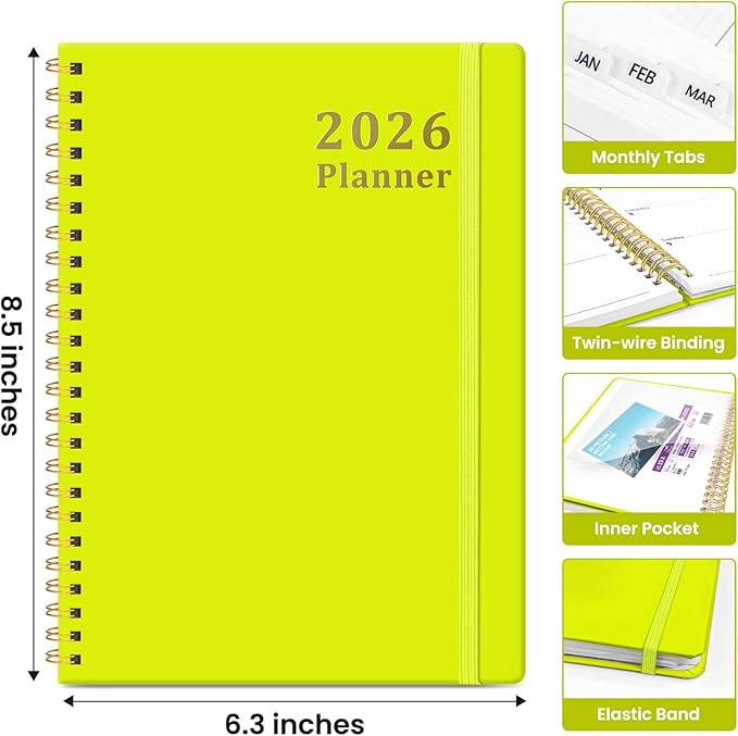 2026 Planner, Weekly and Monthly Calendar Planner, January 2026 - December 2026, Hardcover 2026 Calendar Book with Tabs For Women & Men, Inner Pocket, Spiral Bound, Perfect for Office Home School Supplies - A5 (6.3" x 8.5"), Lemon Yellow