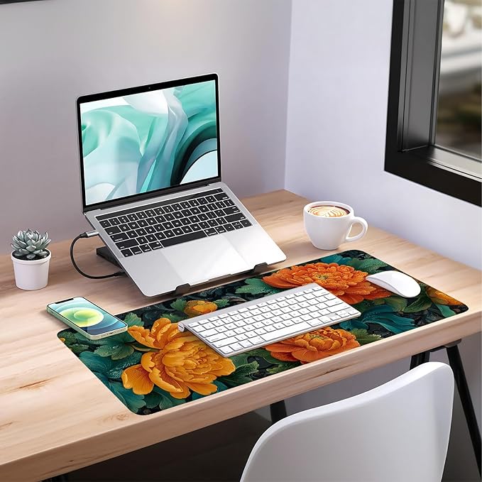 Retro Flower Extended Gaming Mouse Pad 35.4x15.7Inch Large Desk Mat Anti-Slip Rubber Base & Durable Stitched Edges for Gamers Smooth Mouse Writing Surface for Desk Office/Home