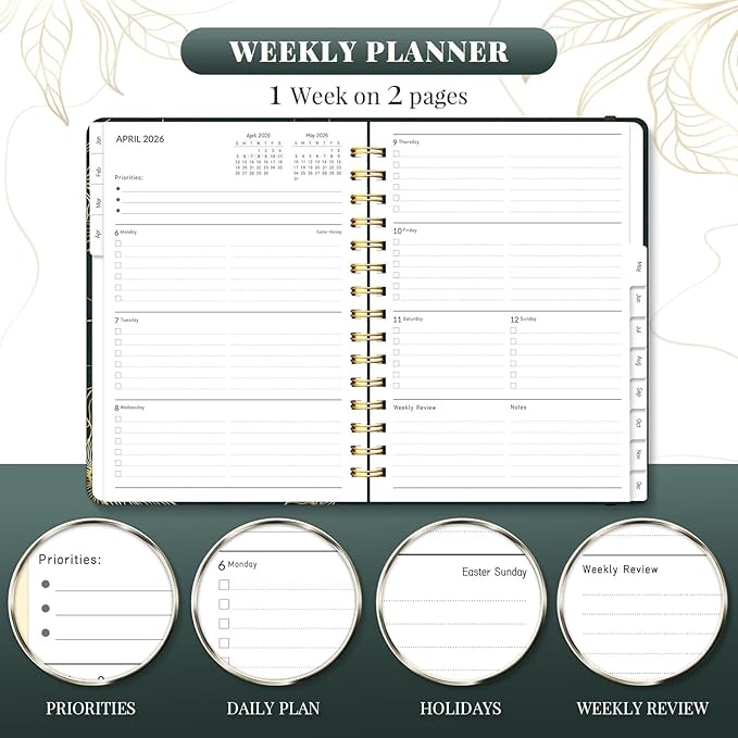 2026 Planner, A5 Weekly and Monthly Planners with Tabs, Spiral Bound Daily Calendar 2026 Planner, Agenda Organizers from Jan. to Dec., Hardcover Habit Tracker Journal 6.18" x 8.5" (Black Gold)