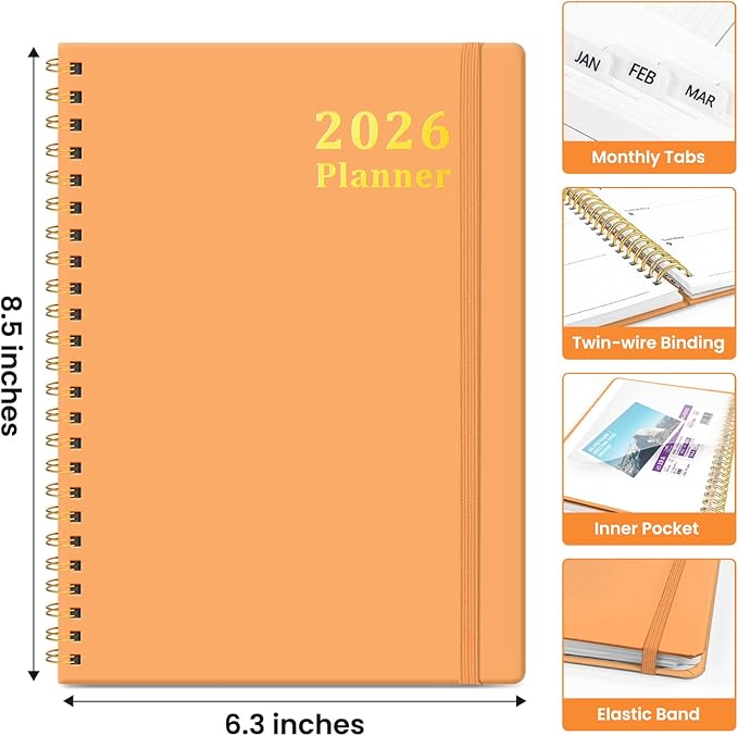 2026 Planner, Weekly and Monthly Calendar Planner, January 2026 - December 2026, Hardcover 2026 Calendar Book with Tabs For Women & Men, Inner Pocket, Spiral Bound, Perfect for Office Home School Supplies - A5 (6.3" x 8.5"), Bright Orange