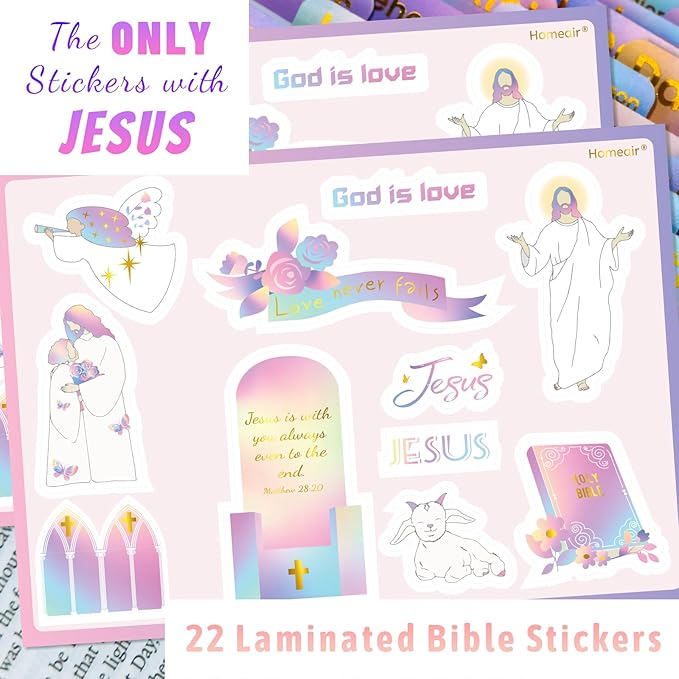 2 Pack Bible Tabs, Gold Foil Laminated Bible Tabs, Bible Tabs for Women & Men, Christian Gifts, Large Print Bible Tabs with Unique Sticker, Bible Book Index Tabs Labels, Bible Study Supplies, Rainbow
