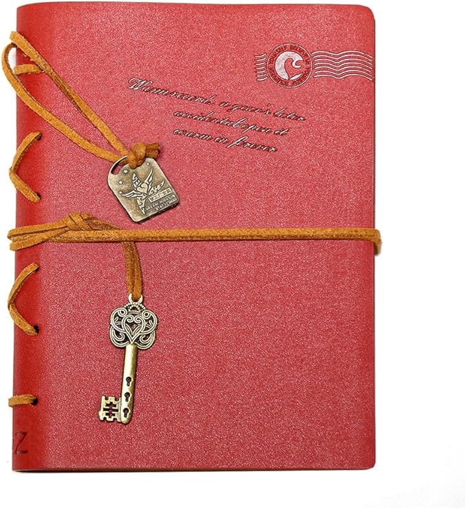 EvZ Leather Writing Journal Notebook, 7 Inches Key Bound Retro Vintage Notebook Diary Sketchbook Gifts with Unlined Travel Journals to Write in for Girls and Boys Notepad Guest Book, Red