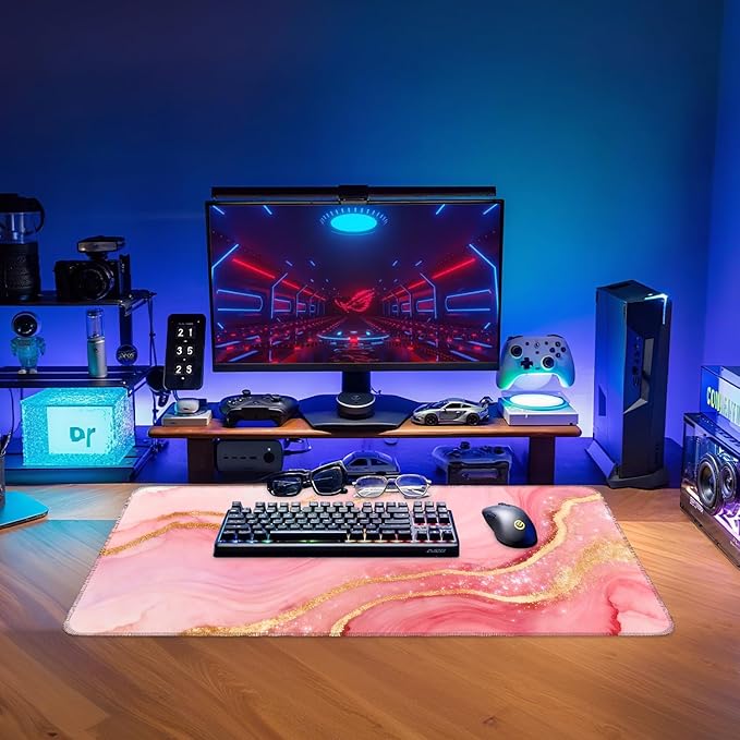Pink and Gold Stripes Extended Gaming Mouse Pad 31.5x11.8inches Large Desk Mat Anti-Slip Rubber Base & Durable Stitched Edges for Gamers Smooth Mouse Writing Surface for Desk Office/Home