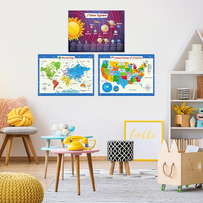 26 Set of 50 Educational Posters for Kids - Multiplication Chart, Periodic Table, USA, World Map, Sight Words, Word Families, Homeschool Supplies, Classroom Decorations - Laminated & Flat, 17x11