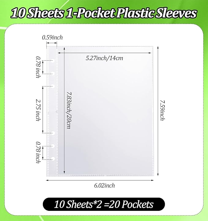 20 Sheets A5 Binder Pockets, Clear Plastic Photocard Sleeves A5 Planner Inserts for 6 Ring Binders, Double Sided Card Sleeves Binder Sheets Protectors Ideal for Photos Cards Stickers, Easy to Organize