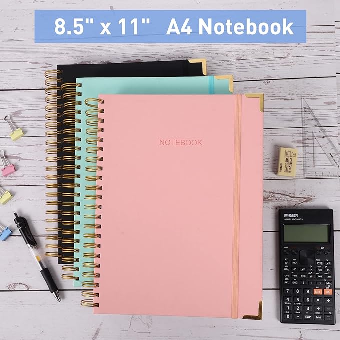 Spiral Notebook, College Ruled Notebook Journal, 8.5” x 11”, 300 Pages Leather Writing Journal for Women Men, A4 Hardcover Notebook for Work School, 24pcs Index Tabs, Pink