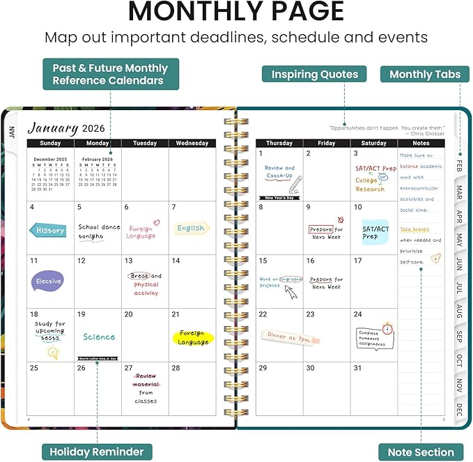 2026 Planner, Aesthetic Weekly and Monthly Planner for Women, Jan 2026 to Dec 2026, Hardcover 2026 Calendar Book with Monthly Tabs, Inner Pocket, Perfect for Office Home School - A5 (6.3" x 8.5"), Tropical Palms