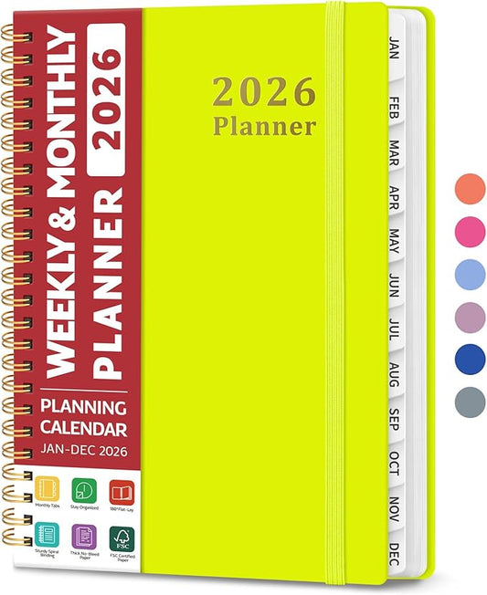 2026 Planner, Weekly and Monthly Calendar Planner, January 2026 - December 2026, Hardcover 2026 Calendar Book with Tabs For Women & Men, Inner Pocket, Spiral Bound, Perfect for Office Home School Supplies - A5 (6.3" x 8.5"), Lemon Yellow