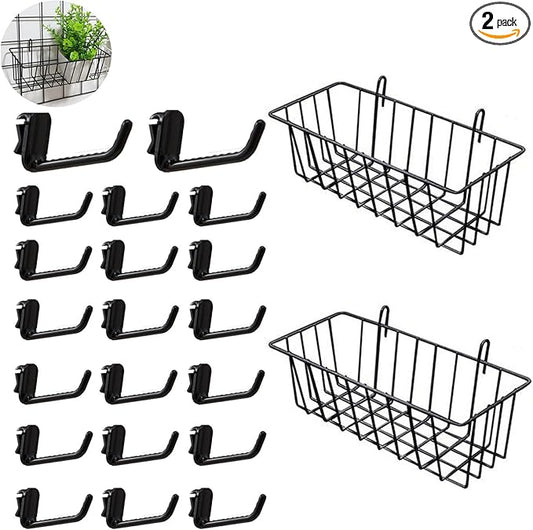 2 Pack Grid Panels Hanging Wire Basket Storage with Plastic Hooks for Gridwall Display Stand Wire Rack Wall Photo Grid Shelf Commercial Shop Retail Art Fair