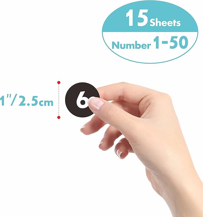 750 PCS Round Number Sticker, 15 Sheets Consecutive Black Vinyl Labels 1-50 Self-Adhesive Dot Stickers for Indoor, Outdoor, Office, Classroom, Storage, Organizing, Boxes (1 Inch Each)