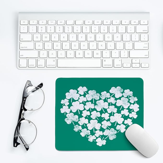 Cute St Patricks Day Mouse Pad,Green Shamrock Heart Mouse Pad,Shenanigans Desk Mat, Lucky Clover Pattern Desk Mat,for Dorm Home Office Decor,St Patricks Day Gift,10.2x8.3 Inch