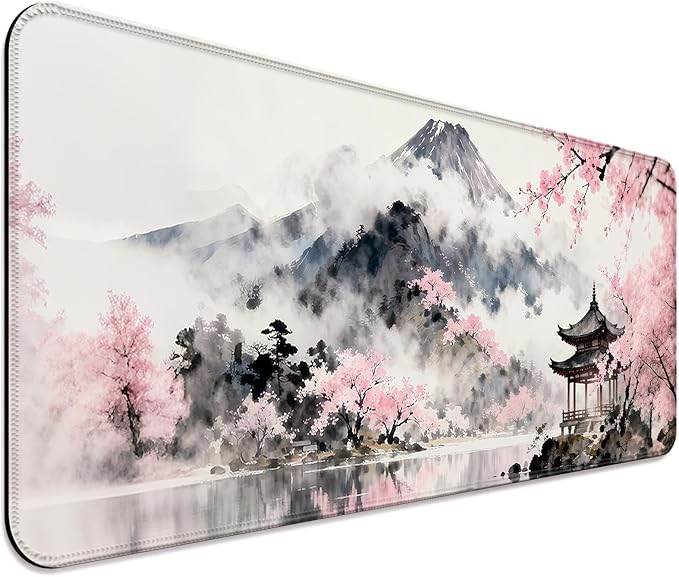 Anime Japan Mount Fuji and Cherry Blossoms XL Large Gray Desk Mat, Extended Long Desk Pad for Gaming and Office, Non-Slip Rubber Base, Comfortable Surface Mouse Pad, 31.5x11.8 in (H17)