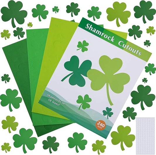 240 Pcs St. Patrick's Day Cutouts Set, Pre-Cut Green Paper Clover, Lucky Shamrock Shape Cut-Outs for Irish Themed Party Bulletin Board Decoration and DIY Crafts Supplies
