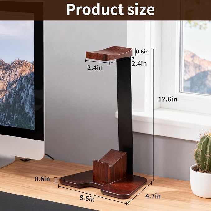 Headset and Controller Stand for Desk, Walnut Wood Headphone Stand with Gaming Controller Holder, Universal Headset Holder for PS5, Xbox, AirPods Max & All Headphones