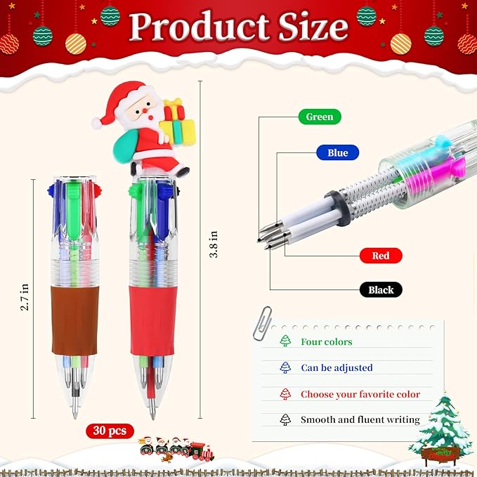 CZWZ 60Pcs Mini Multicolor Pen in One 4-in-1 Cute Pens Bulk for Kids, Ballpoint Pens for Birthdays and Children's Parties, Fun Pens Gifts Assorted Ink Kawaii Pen(Christmas)