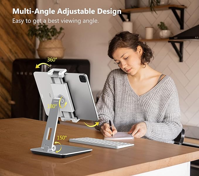 Tablet Stand Holder, Heavy Aluminum Alloy Multi-Angle Foldable iPad Holder Stand for 4.7''- 13'' Screen Surface Pro Series, iPad Series, Pro, Mini, Air, Samsung Galaxy Tabs and More (Silver)