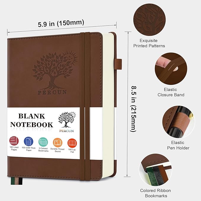 Blank Journal Ntebook for Men & Women, 160 Pages Blank Journals for Writing, Drawing,Sketch Book,5.9" x 8.5" Leather Sketchbook, Unlined Notebook for Work, School, Art (Brown)