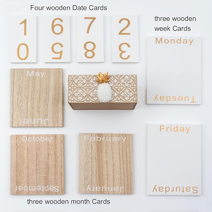Notakia Vintage Wood Block Perpetual Calendar Month Week Date Display for Home Office Desk Rustic Decoration, Brown pineapple