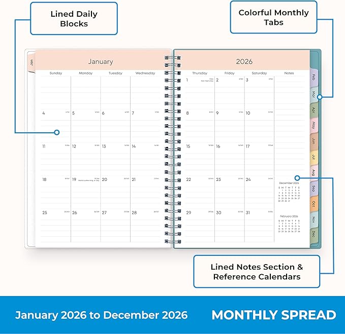 Blue Sky 2026 Weekly and Monthly Planner Calendar, January 2026 - December 2026, 5.875” x 8.625”, Flexible Cover, Storage Pocket, Ruler, Colorful Interior, Includes Extra 30 Sheets of Notes, Tides