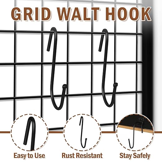 Hicarer 20 Pcs Gridwall Hooks S Shaped Heavy Duty Black Display Hooks Gridwall Shelf Accessories Hanging Hangers for Art Clothes Painting Photography Canvas