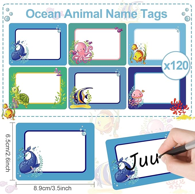 120pcs Ocean Sea Animal Name Tag Labels Stickers Classroom Multi Purpose Under The Sea Desk Name Tag Stickers Colorful Adhesive Name Sticker for School Students Offices Home Group Events 2.6x3.5 inch