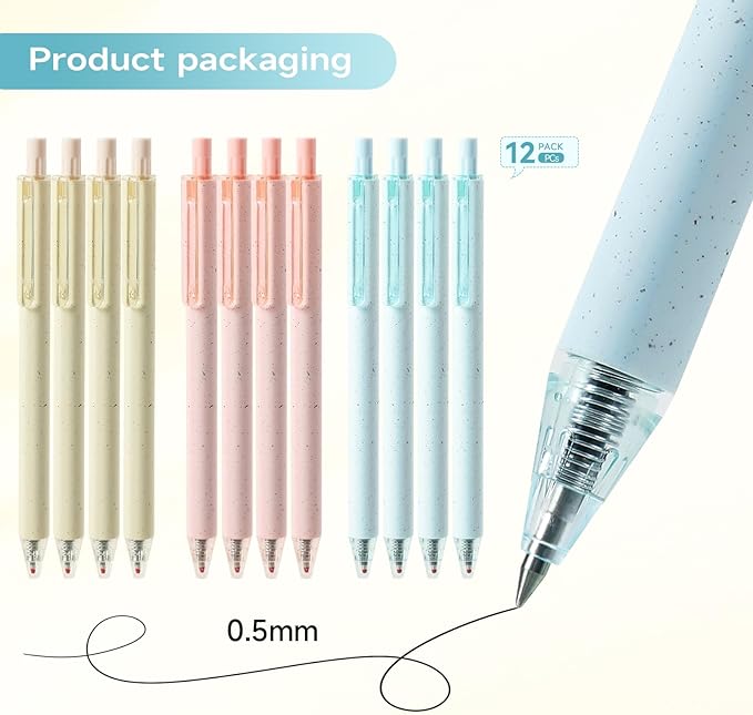 Gel Pens for Note Taking 12PCS RIANCY Black Ink Fine Point Pen Black Gel Pens Quick Dry Ink 0.5mm Smooth Writing Pen for Home Office Art Back to School Supplies (Mixed)
