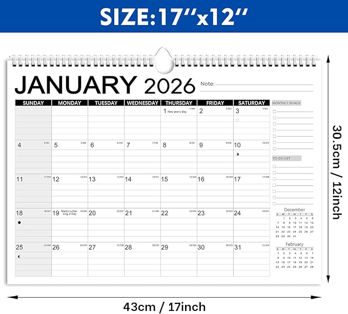 Calendar 2026, Anti Ink Bleed, Durable Thick Paper, Large days Blocks, Wall Calendar 18 Months with Stickers, 17" x 12" Large Simple Style 2026 Calendars for Home, Office, Teacher Supplies- Simple