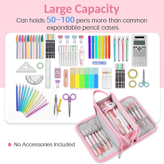 Sooez Large Pencil Case, Big Capacity Pencil Pouch Pen Bag with 3 Compartment, Portable Canvas Stationery Organizer with Zipper, Cute Aesthetic School Supplies for Teen Girls College, Pure Pink