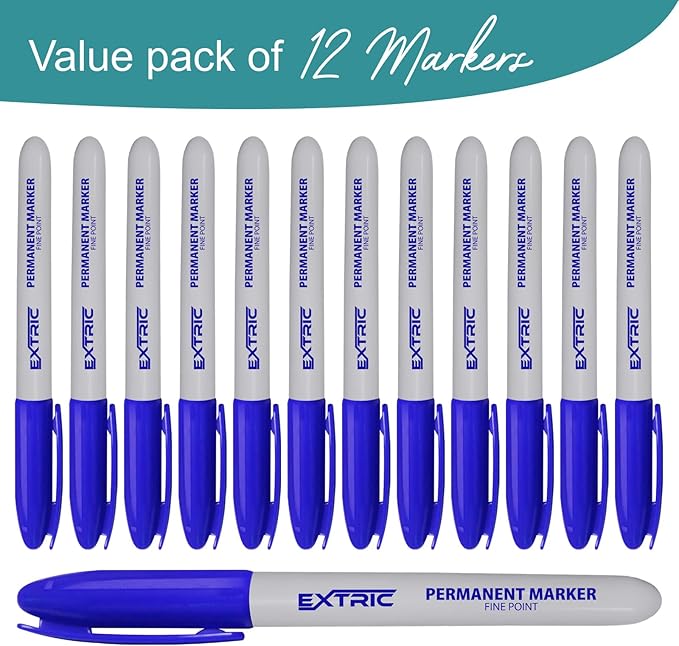EXTRIC Permanent Markers Blue, 12 Count Fine Point Markers, Quick Drying, Works on wood, Paper, Plastic, Metal and Glass, for Home, Office and School