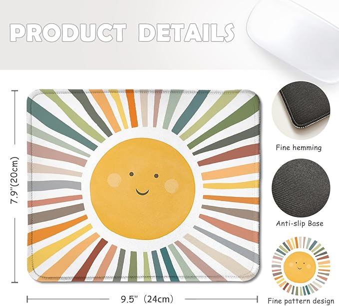 Boho Colorful Rainbow Sun Mouse Pad,Cute Rainbow Sunshine Mouse Pads Mousepad for Desk Home Office Dorm Computers Laptop, Boho Sun Office Supplies Desk Accessories, 9.5x7.9 Inch