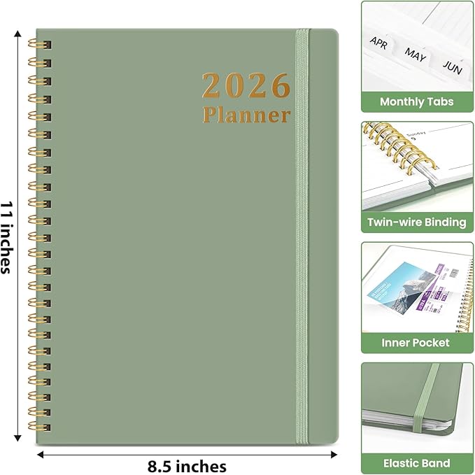 2026 Planner, Weekly and Monthly Calendar Planner, January 2026 - December 2026, Hardcover 2026 Calendar Book with Tabs For Women & Men, Inner Pocket, Spiral Bound, Perfect for Office Home School Supplies - A4 (8.5" x 11"), Green
