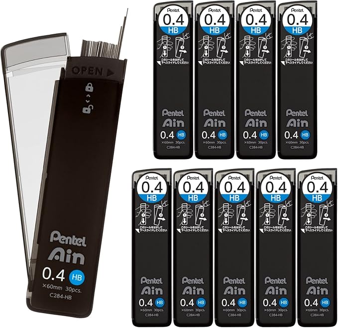 Pentel Ain Mechanical Lead, 0.02 inch (0.4 mm), HB, 10 Pieces