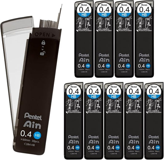 Pentel Ain Mechanical Lead, 0.02 inch (0.4 mm), HB, 10 Pieces