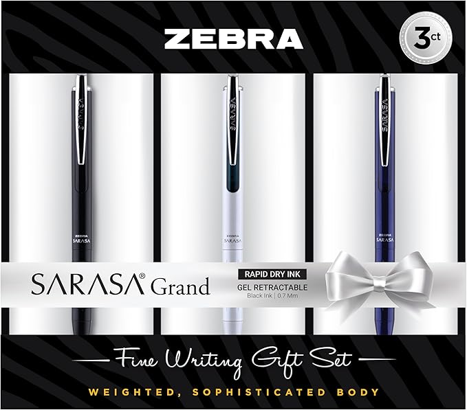 Zebra Pen SARASA Grand Retractable Gel Pen Gift Set, White/Black/Navy Brass Barrel, .7mm Medium Point, Rapid Dry Black Ink, Ideal for the Left Handed, Elimates Smudging and Smearing in Seconds (45373)